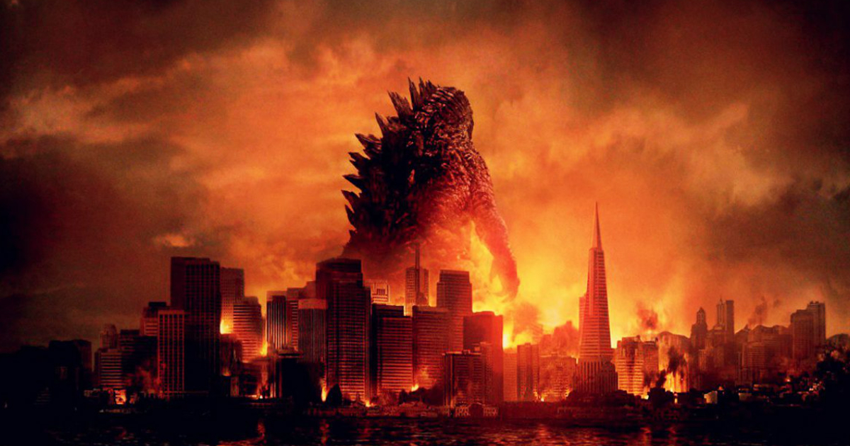 godzilla tra le fiamme della città che sta attraversando - nerdface