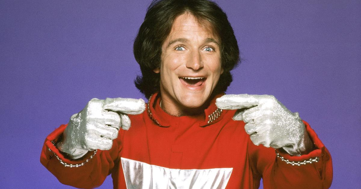 robin williams fa una buffa smorfia nella tuta aliena di mork - nerdface