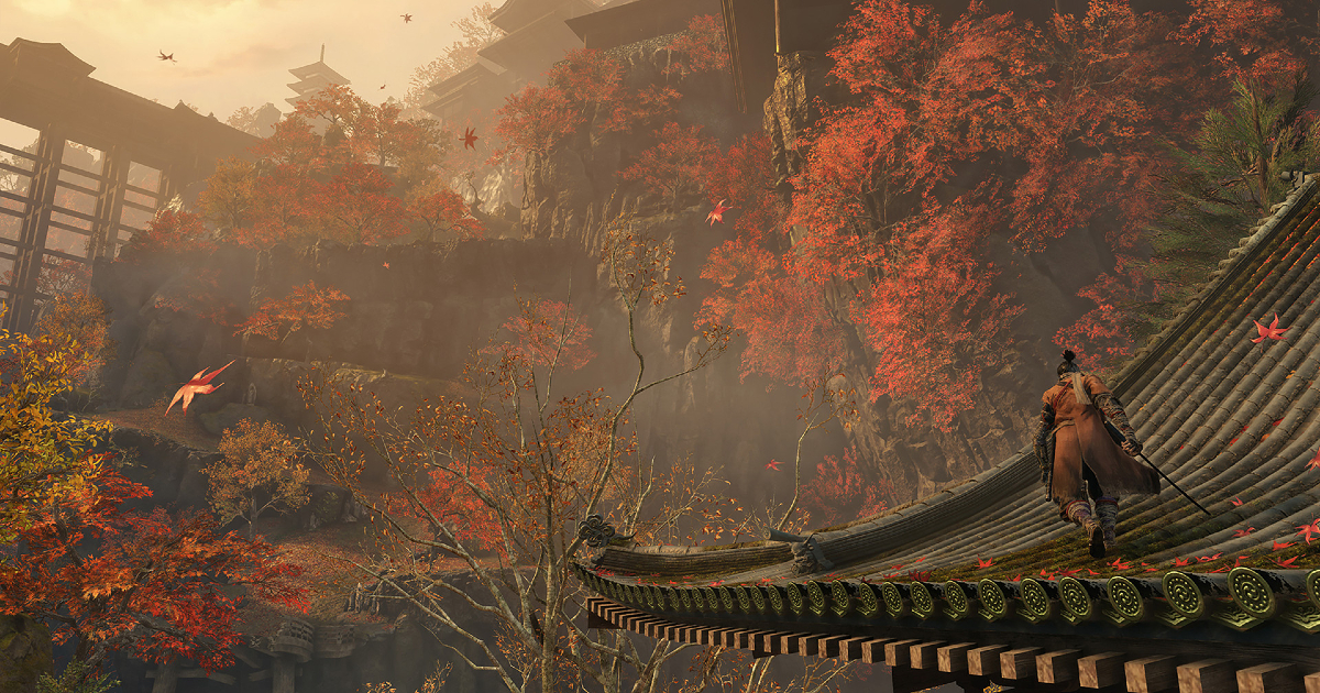 il samurai cammina su un tetto in mezzo ads alberi dalle foglie arancioni - nerdface