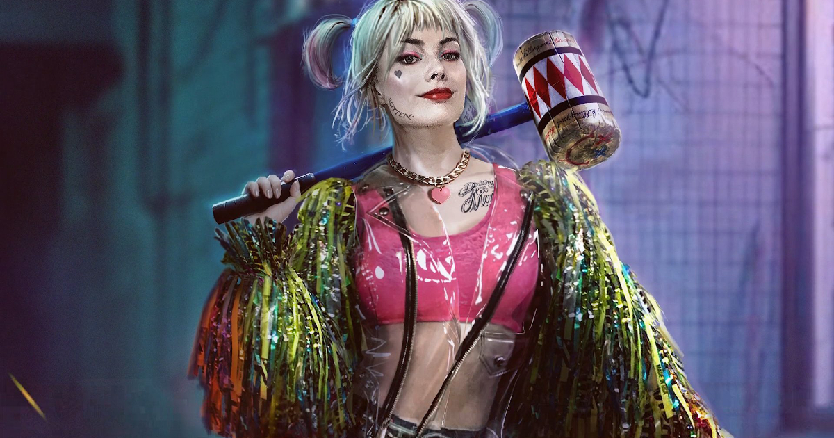 un artwork di harley quinn, sorridente col asui martellone poggiato sulla spalla - nerdface