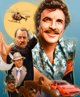 un'illustrazione con tutti i personaggi della serie magnum pi - nerdface