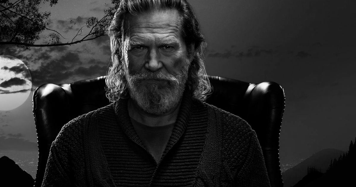 jeff bridges è seduto su una poltrona in mezzo a un prato, sullo sfondo la luna - nerdface