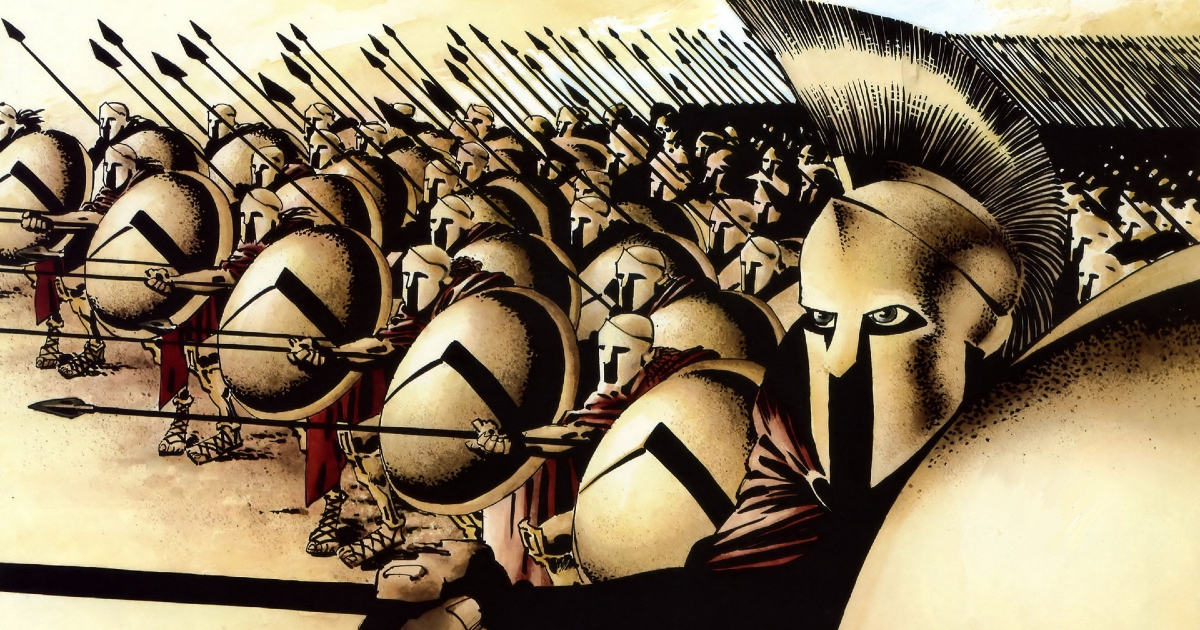 una tavola di 300 di frank miller mostra tutti gli spartani armati di lunghe lance - nerdface