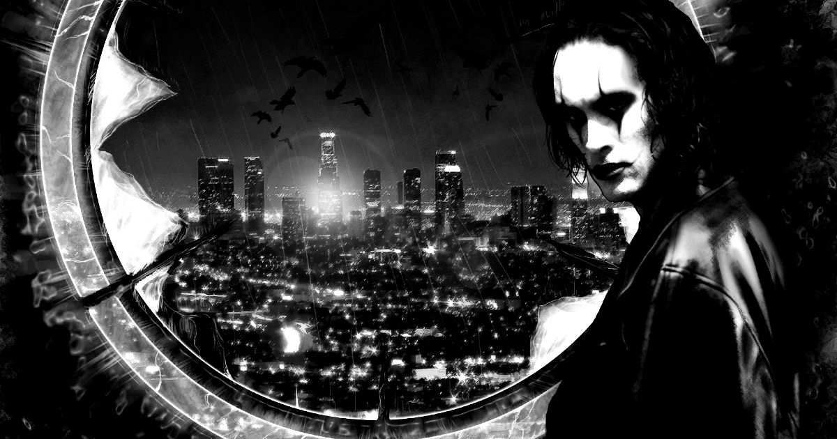 brandon lee è il corvo e guarda un panorama notturno da un oblò, sovrastato da uno stormo di uccelli neri - nerdface