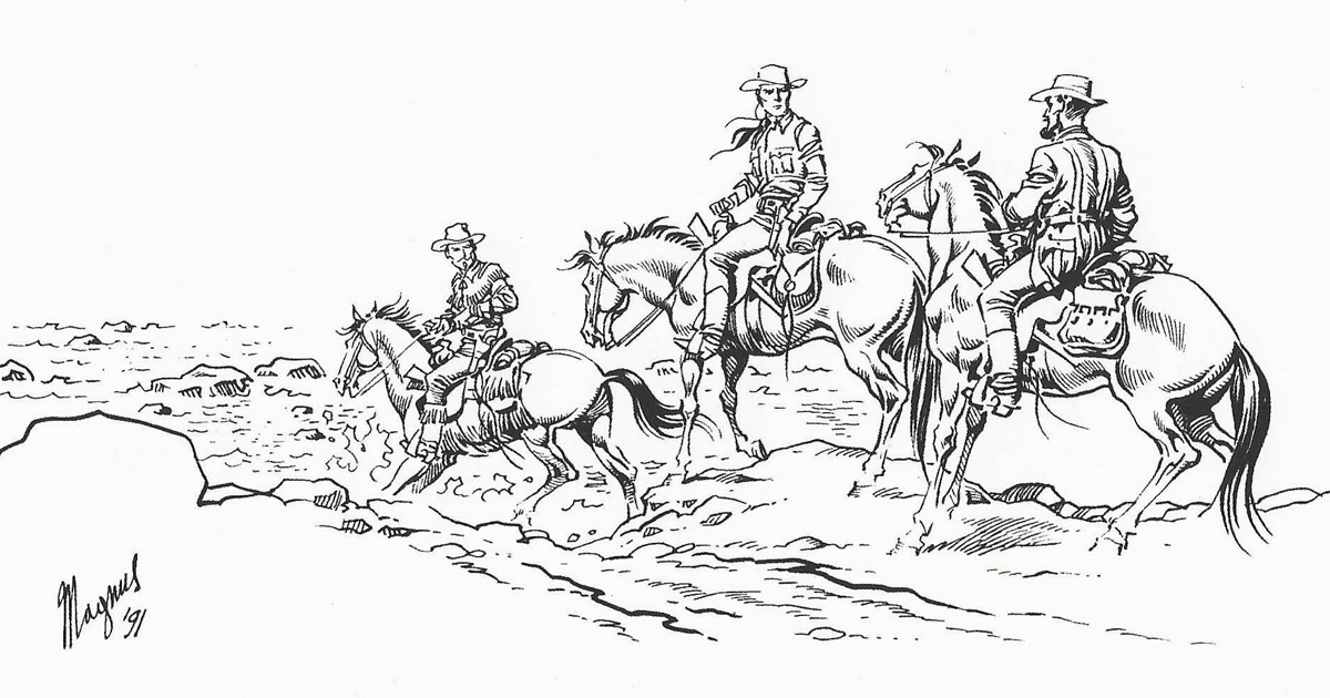 tex cavalca con due compagni, nel disegno di magnus realizzato per il celebre numero del fumetto bonelli - nerdface