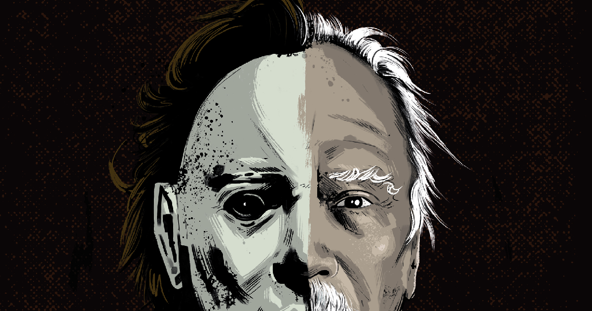 il primo piano di carpenter a metà con michael myers nel disegno di nino cammarata - nerdface