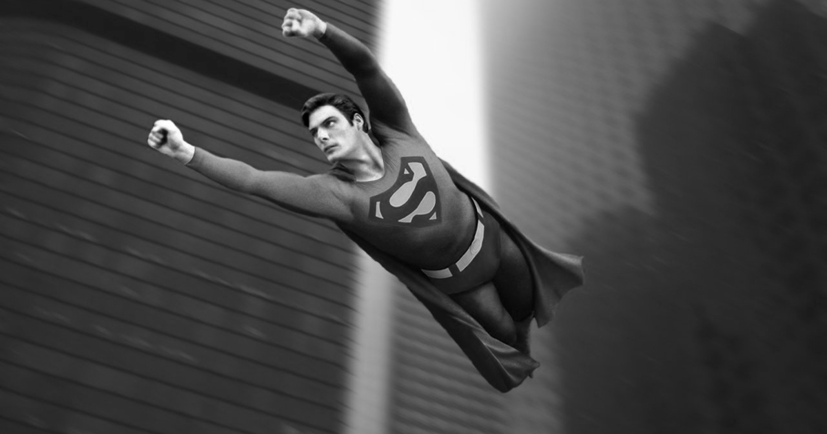 christopher reeve indossa il costume e sfreccia tra i grattacieli come superman - nerdface