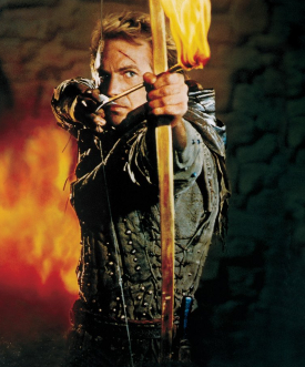 kevin costner è robin hood il principe dei ladri nel poster del film in cui sta per scoccare una freccia infuocata - nerdface