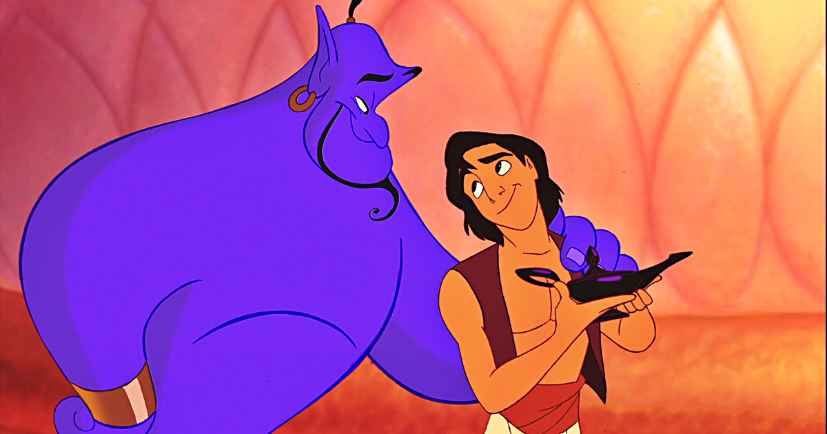 il genio e aladdin si guardno con sincera amicizia e complicità - nerdface