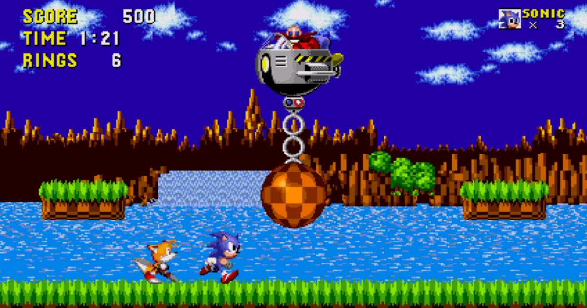 robotnik minaccia sonic con un aereo e una mazza nel videogame del 1991 - nerdface