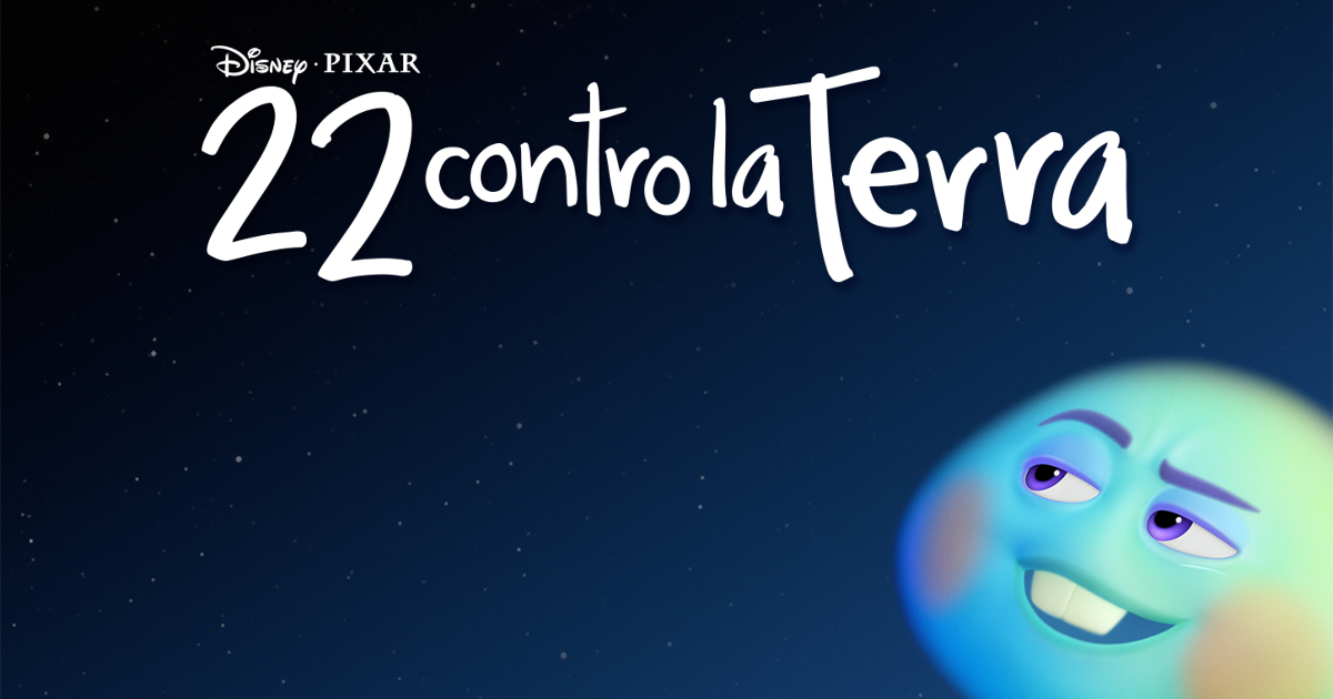 "22 contro la terra" di Disney Pixar. Una faccia tonda blu dall'espressione furba guarda in alto. Cosa vorrà?