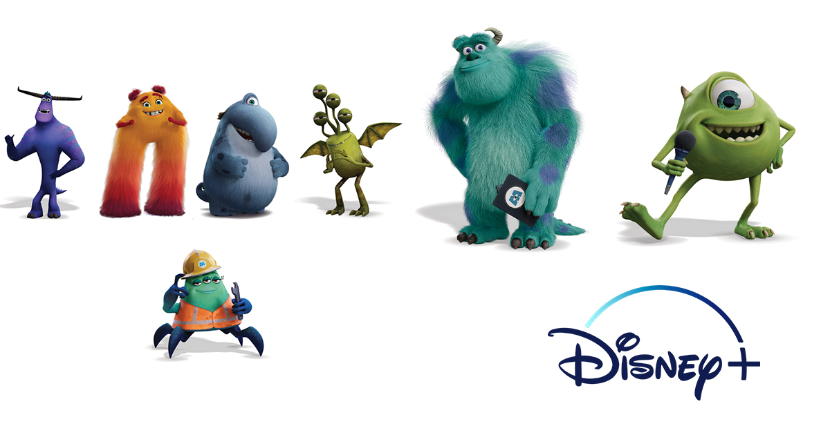 Monsters & Co. i vari personaggi intorno al logo Disney. Immancabili Mike, con il suo microfono e Sulley con la cartellina in mano.