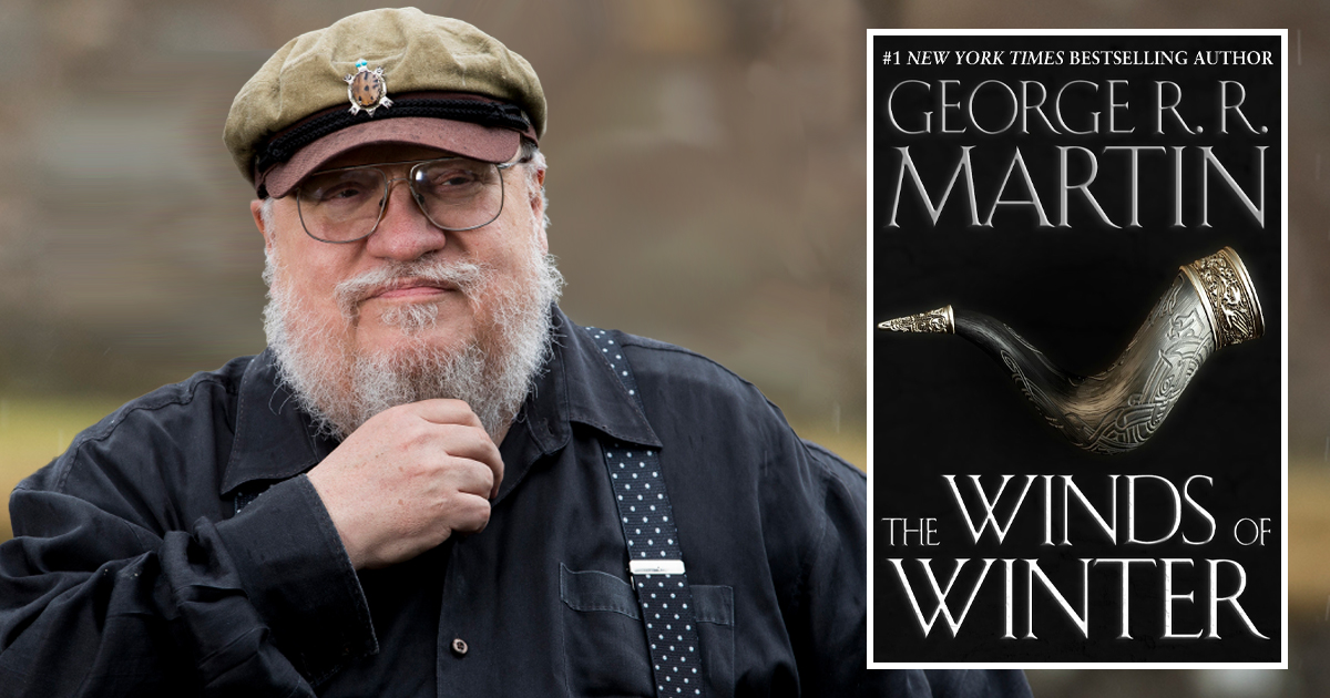 George Martin accanto alla copertina di The Winds of Winter. Nerdface