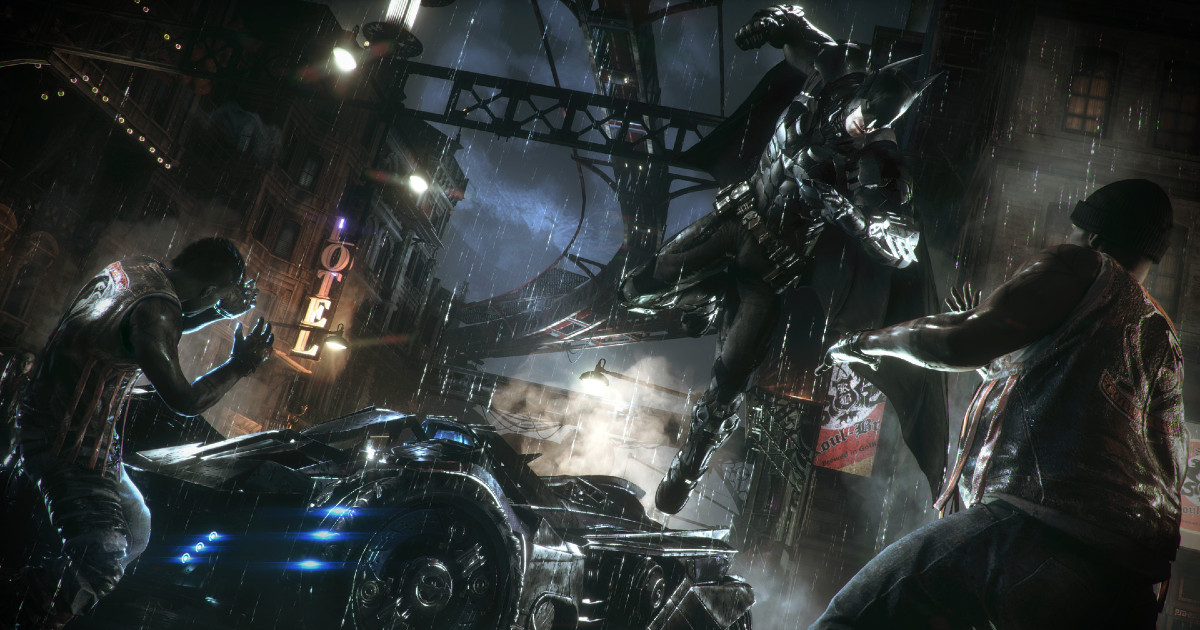 l'uomo pipistrello salta dalla batmobile per colpire un nemico in batman arkham knight - nerdface