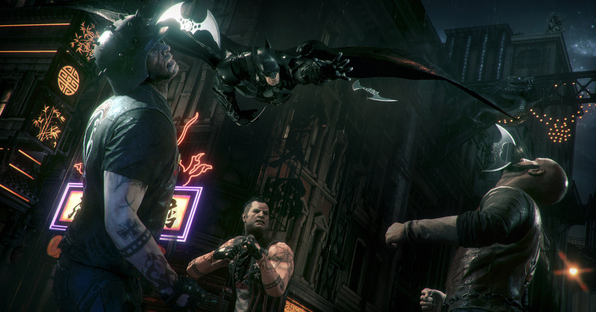 l'uomo pipistrello si scaglia planando contro dei nemici in batman arkham knight - nerdface