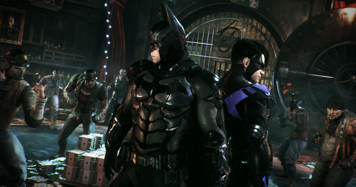 l'uomo pipistrello e nightwing schiena contro schiena si preparano ad affrontare una schiera di nemici in batman arkham knight - nerdface