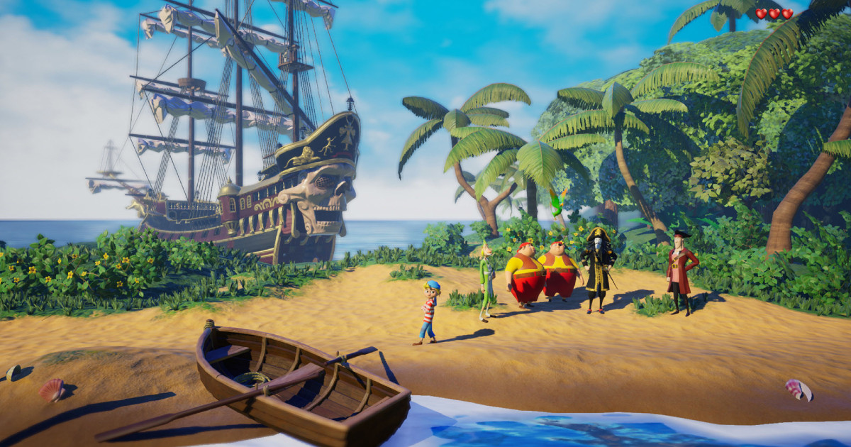 Alcuni personaggi di Captain Sabertooth and the Magic Diamond su una spiaggia con sullo sofndo una nave pirata con le vele ammainate - nerdface