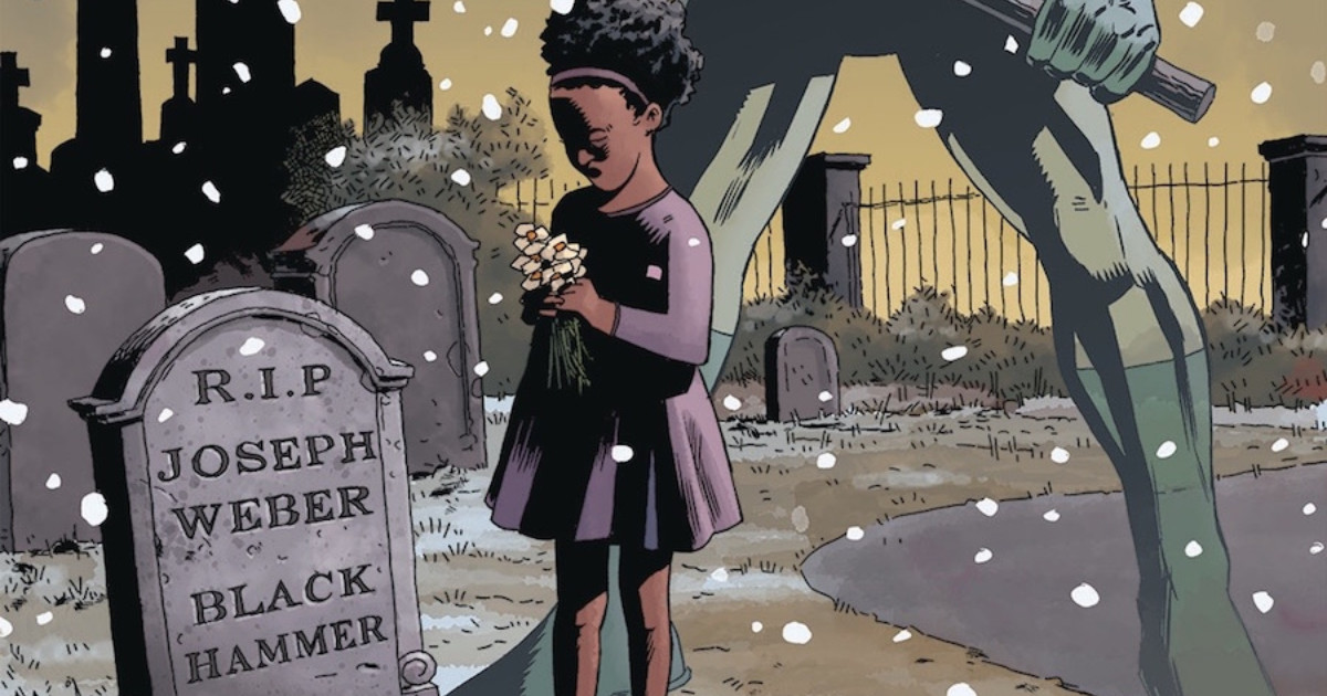 ragazza di colore porta i fiori sulla tomba di Black Hammer - nerdface