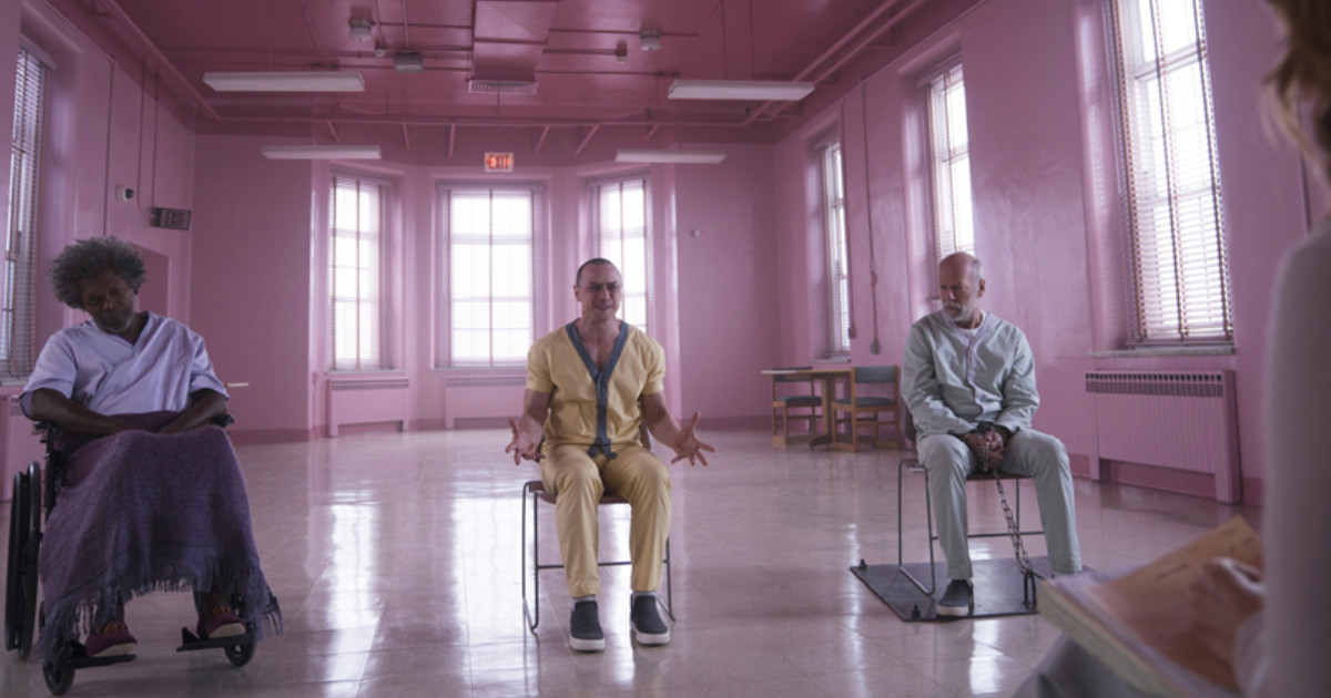 Bruce Willis, Samuel L. Jackson e James McAvoy nel film Glass - nerdface