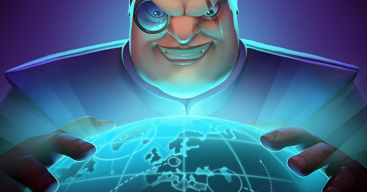 la key art di evil genius 2 mostra un capo della spectre qualunque che apre le mani su un mappamondo digitale - nerdface