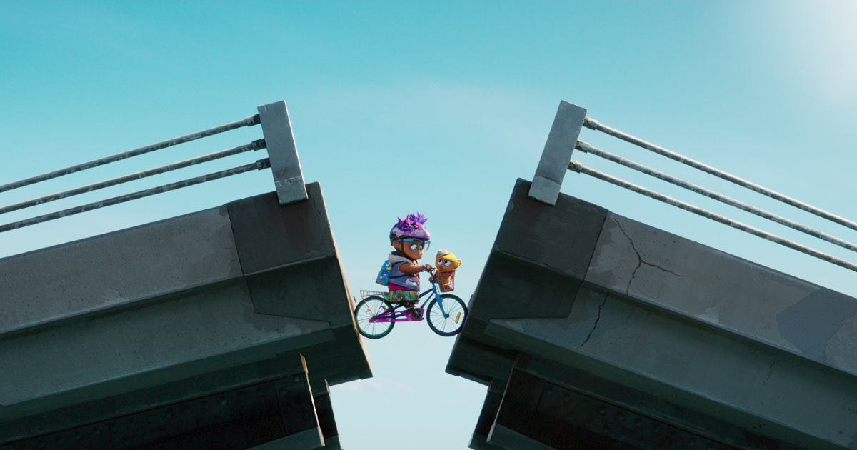 una bicicletta con una scimmietta nel cestello forntale si ritrva a metà di un ponte levatoio ormai alzato - nerdface