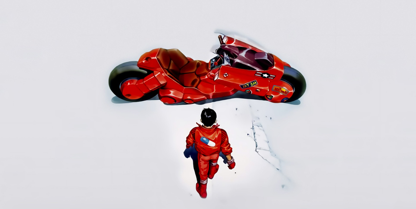 il protagonista kaneda si sta avvicinando alla sua moto rossa - nerdface