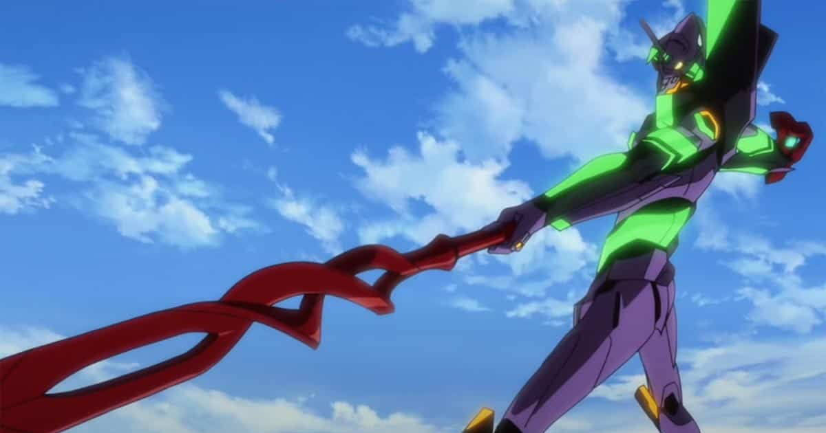 un eva tiene in mano una sorta di bastone annodato, uno scettro, in evangelion 3.0+1.01 - nerdface