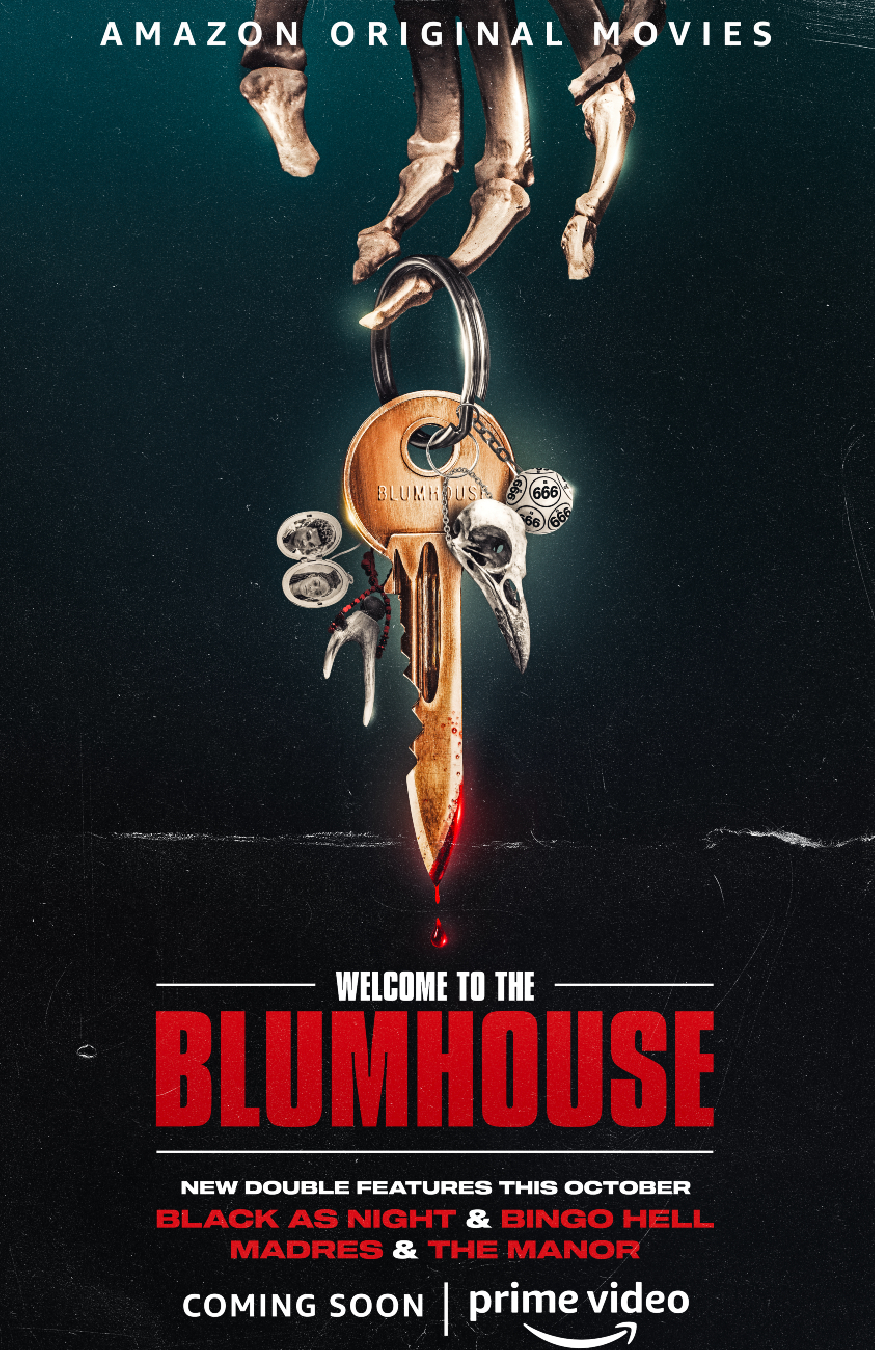 il poster ufficiale dell'edizione 2021 di welcome to the blumhouse mostra una mano di scheletro tenere un portachiavi con una chiave insanguinata - nerdface