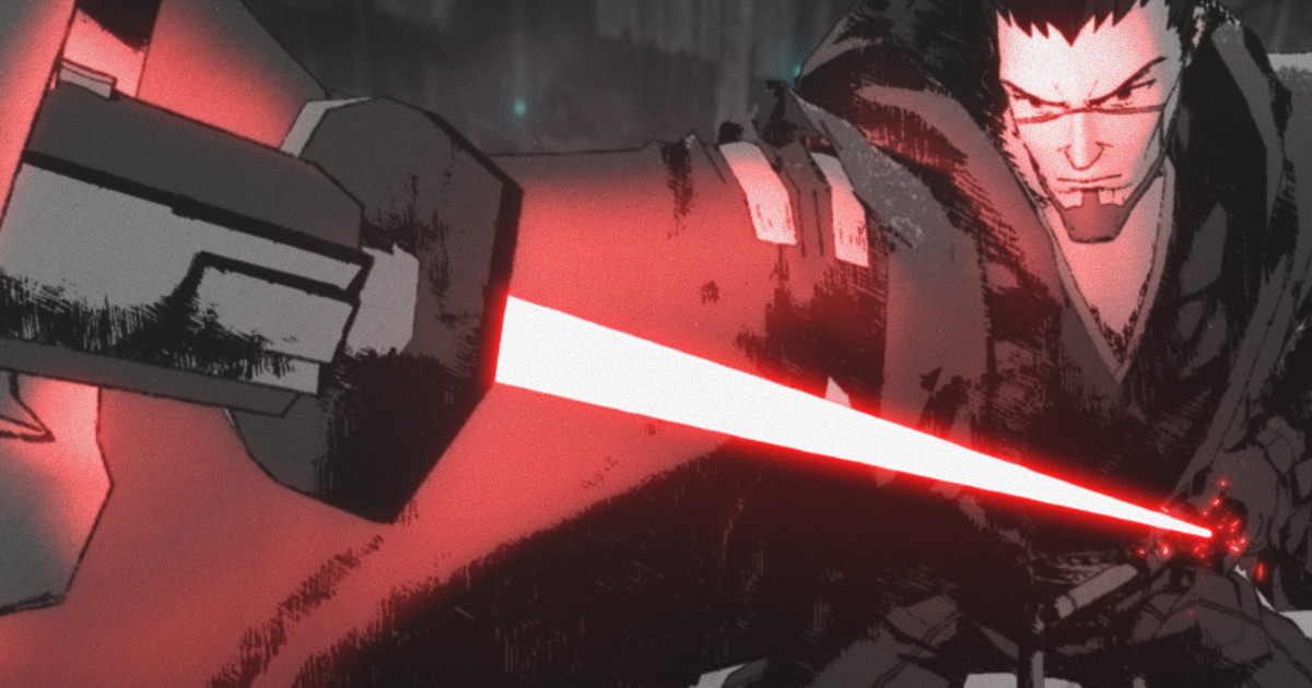 una sorta di ronin jedi affronta l'attacco di una spada laser rossa - nerdface