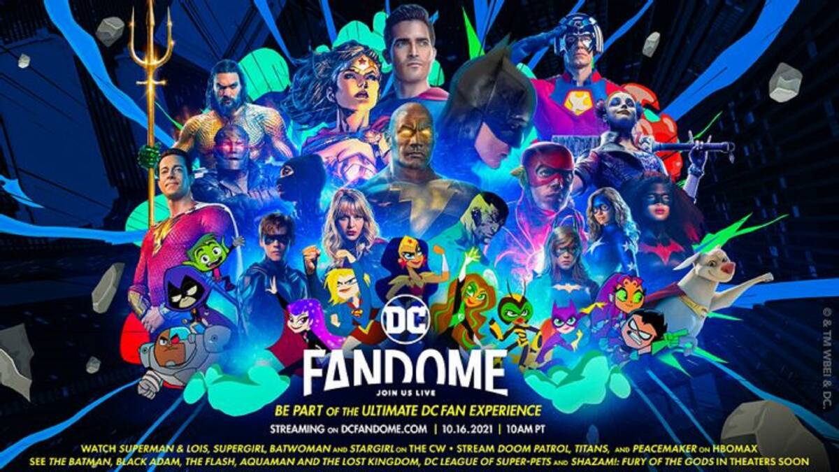 il banner ufficiale di dc fandome 2021 mostra un patchwork di eroi e cattivi - nerdface