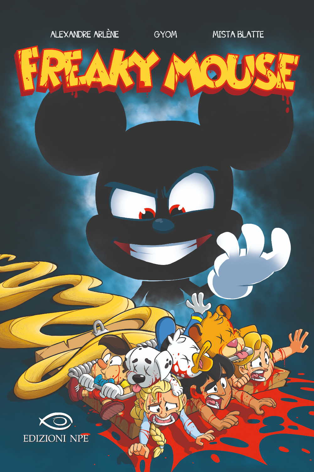 la copertina di freaky mouse mostra un diabolico topolino tutto nero che sorride mentre vede fuggire altri personaggi disney - nerdface