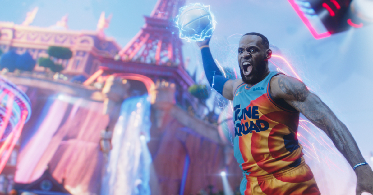 lebron james schiaccia a canestro un pallone divenuto cartone animato blu fluo - nerdface