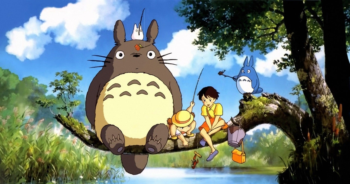 totoro e i suoi due nuovi amici sono seduti su un ramo sopra un lago - nerdface