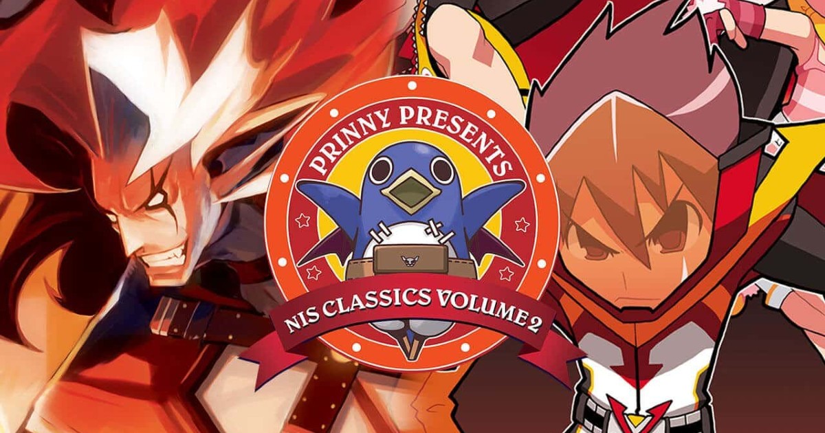 Due dei protagonisti di Prinny Presents NIS Classics Volume 2 sullo sfondo del logo del videogame - nerdface