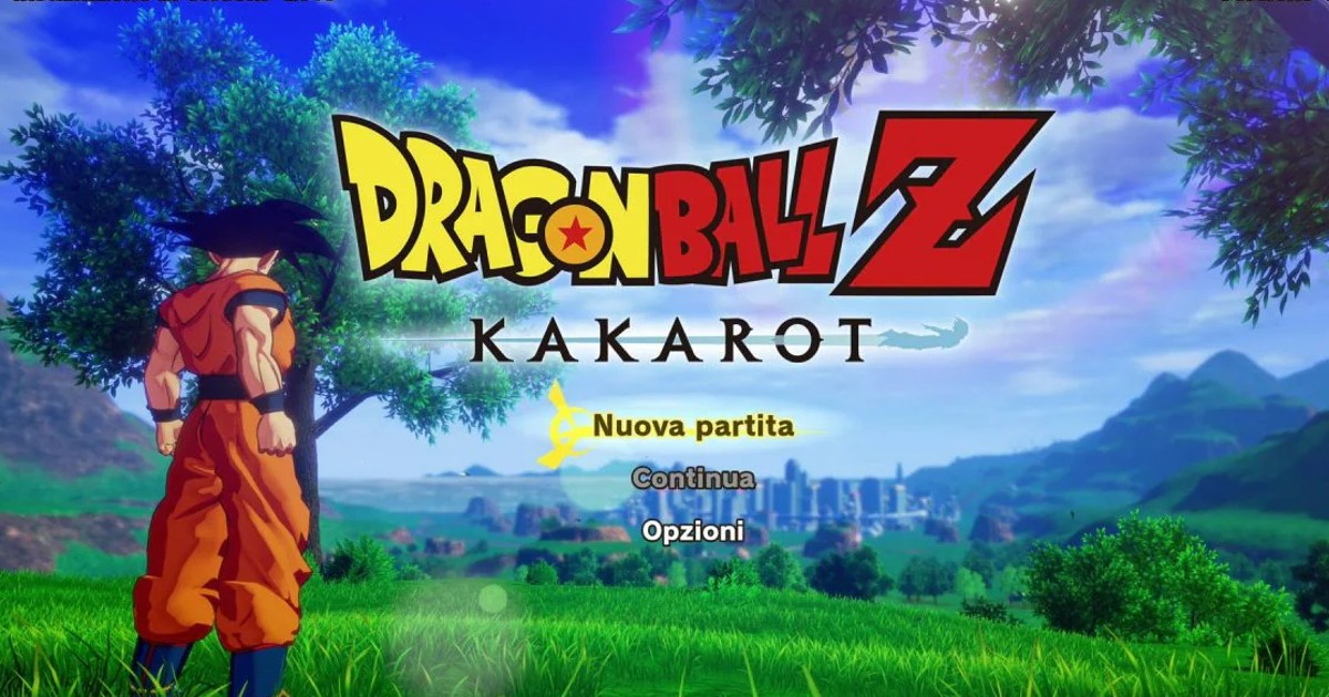 Trunks protagonista di Dragon ball z kakarot. schermata di accesso al gioco, con Goku di spalle che guarda una città all'orizzonte. Nerdface