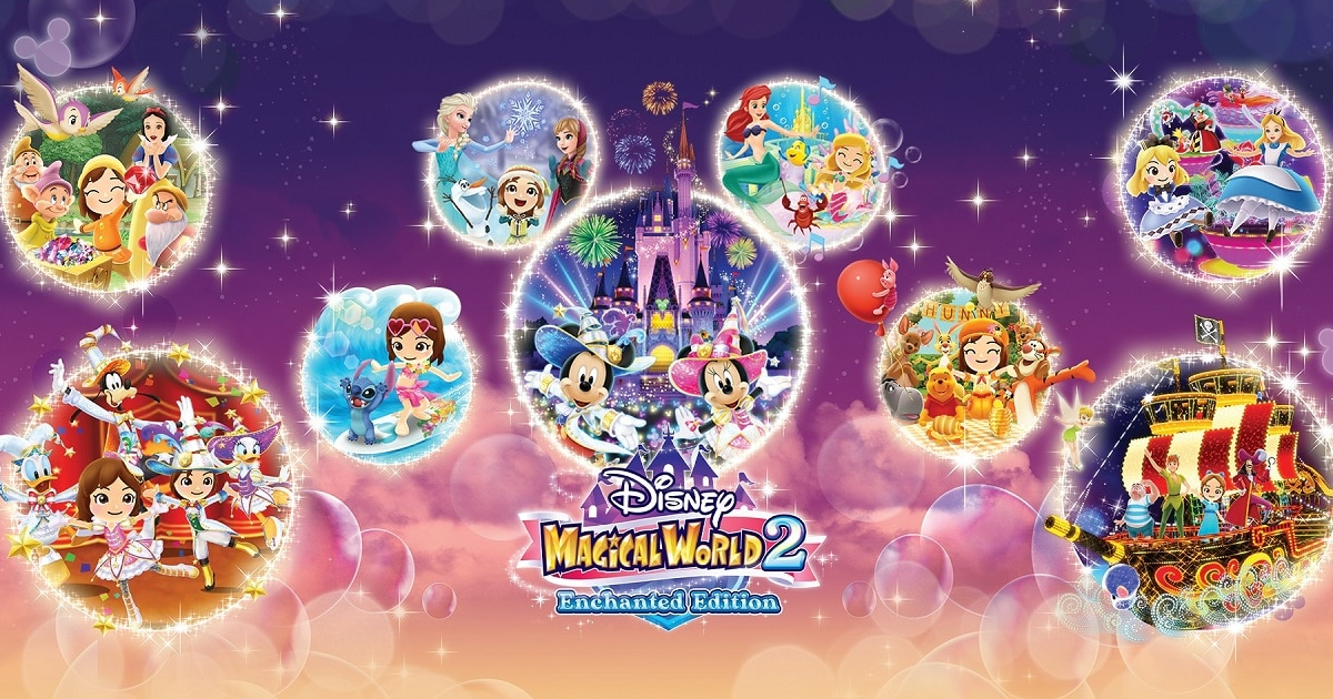 Disney Magicla World 2: la locandina del gioco in viola e rosa, con tante bolle dalle quali si vedono i mondi Disney. Nerdface