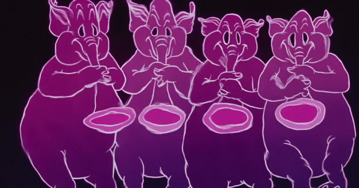 la parte psichedelica del film in cui dumbo ubriaco vede gli elefantini rosa suonare le proprie proboscidi come fossero sax - nerdface