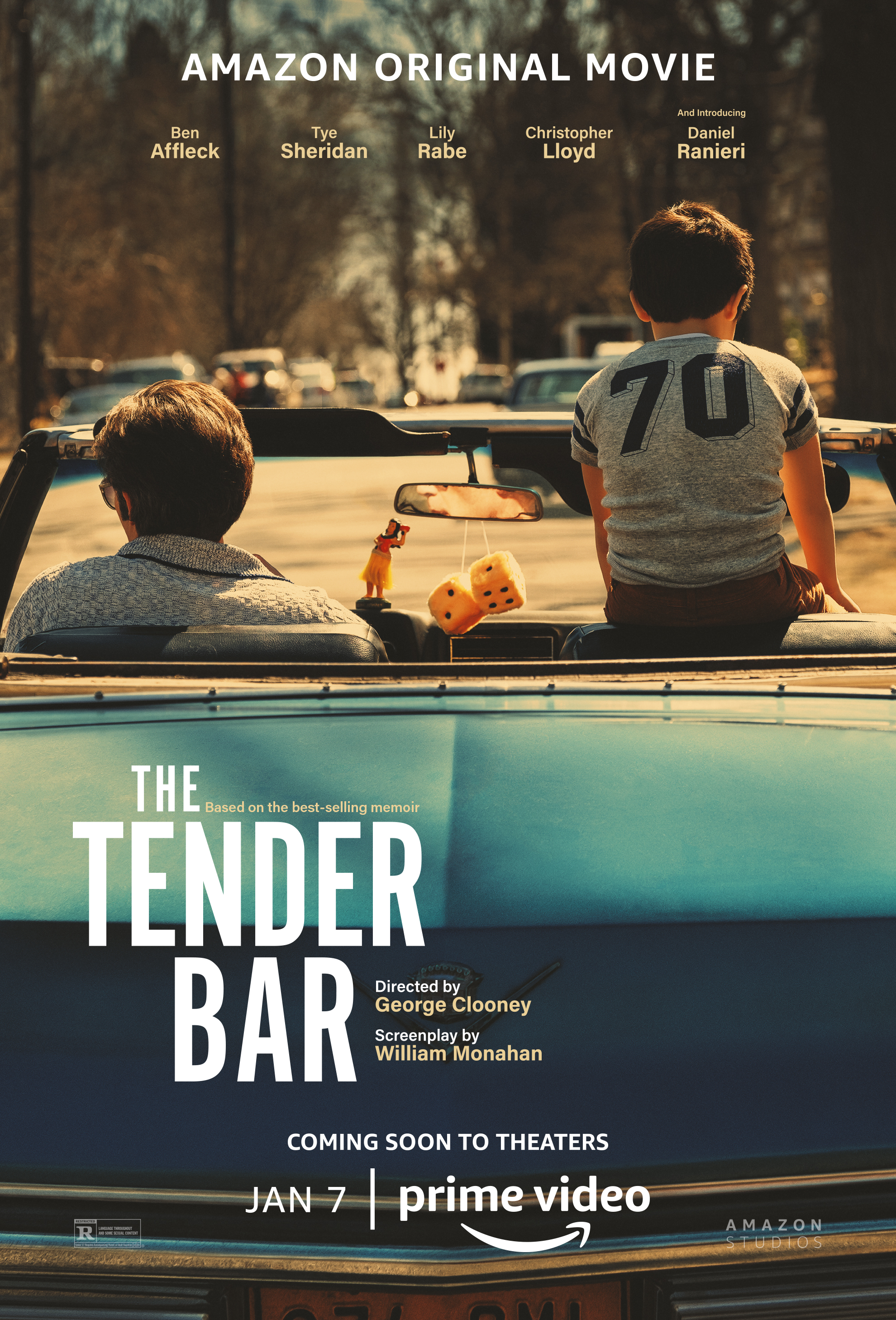 il poster ufficiale di the tender bar mostra il piccolo protagonista appollaiato sulla decappottabile guidata dallo zio - nerdface