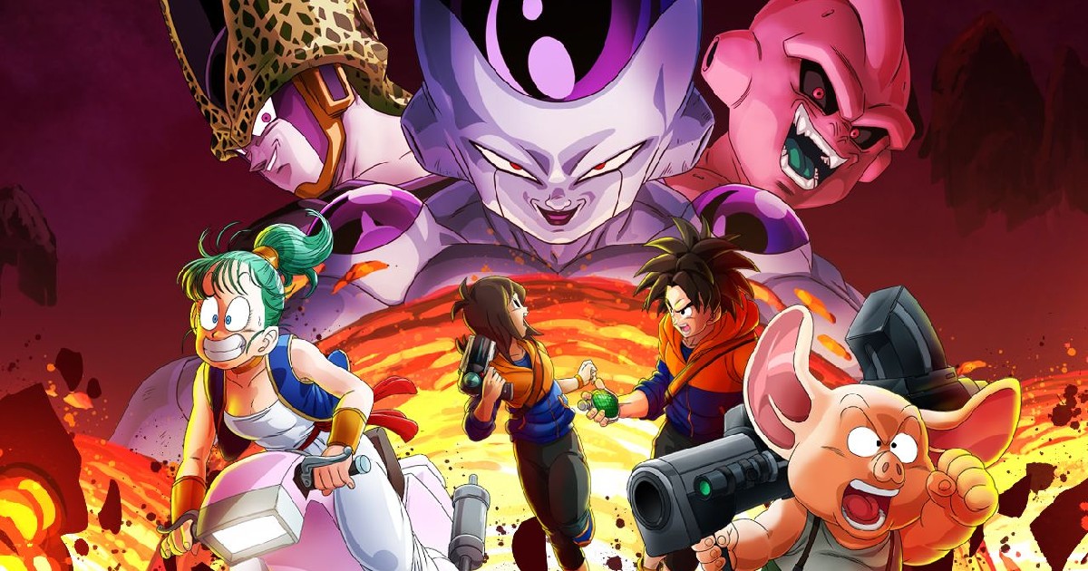 Personaggi di Dragon Ball scappano da un'esplosione con sullo sfondo i tre antagonisti Freezer, Cell e Kid Bu - nerdface