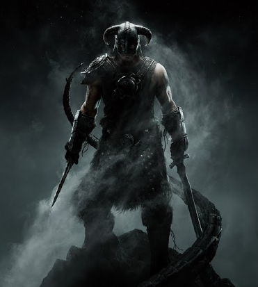 il guerriero di skyrim indossa l'elmo dalle corna ricurve e imougnando un'ascia e una spada - nerdface