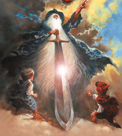 l'artwork del signore degli anelli del 1978 mostra gandalf imporsi sui due piccoli hobbit mentre poggia a terra un'enorme spada - nerdface