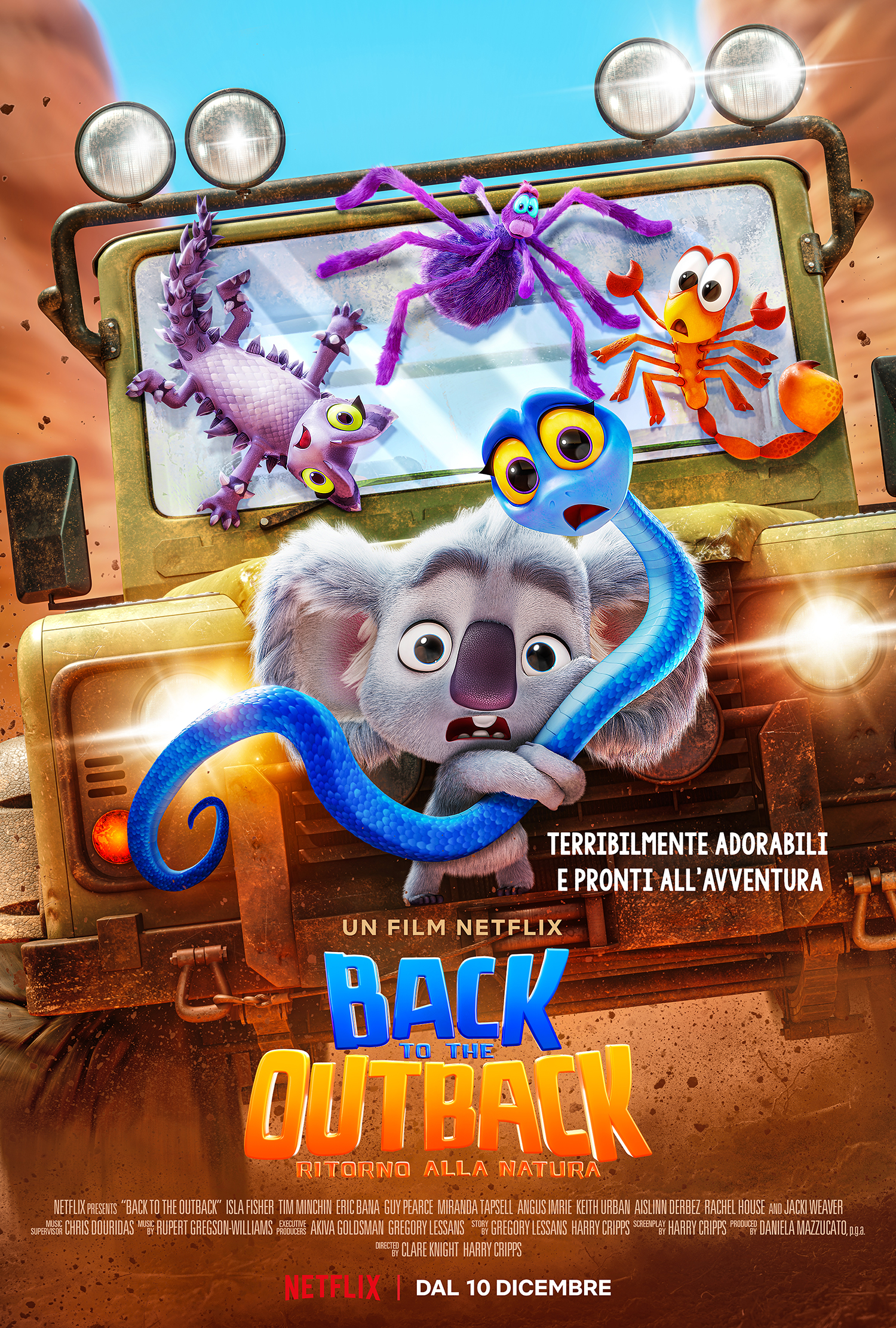 back to the outback. nella locandina ufficiale i protagonisti: un koala, un serpente e altri animali su una jeep.