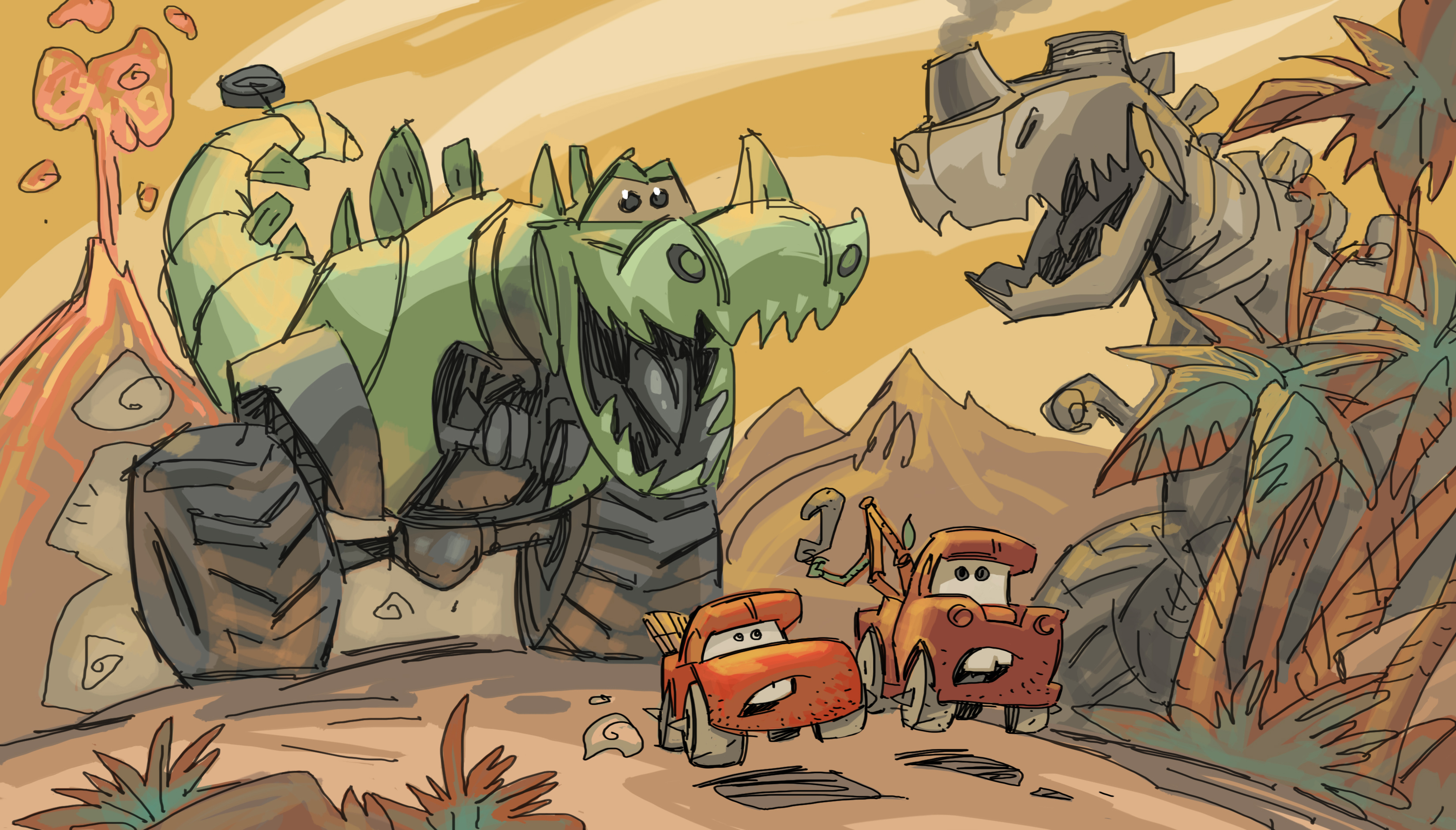 uno sketch della serie mostra saetta mcqueen e cricchetto scappare da due dinosauri meccanici - nerdface