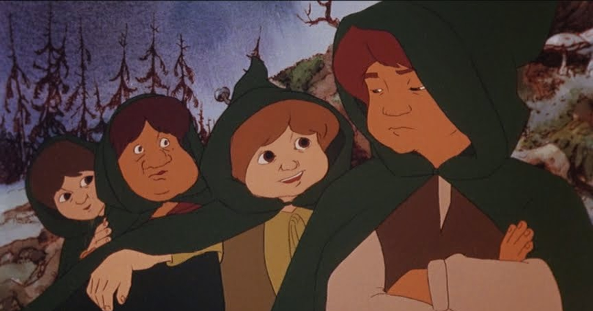 i quattro hobbit parlano tra loro ne il signore degli anelli del 1978 - nerdface