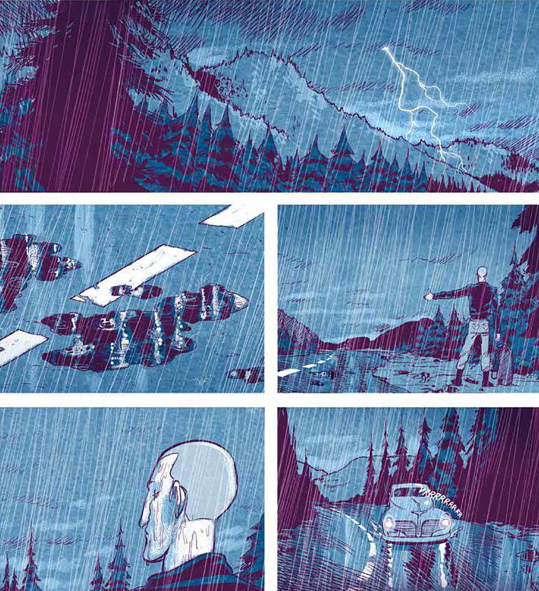 le tavole estratte dal fumetto mostrano il protagonista fare l'autostop nel mezzo di una notte piovosa - nerdface