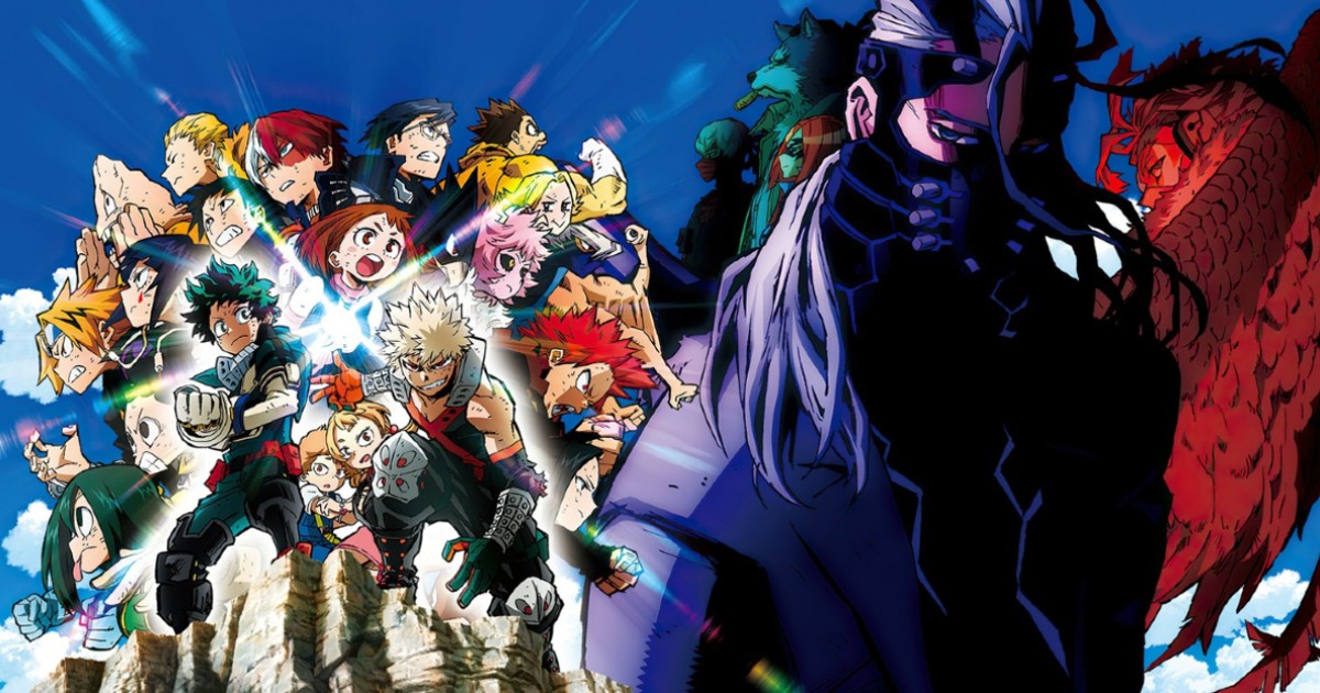 I protagonisti di My Hero Academia Heroes:Rising con in primo piano l'antagonista - nerdface