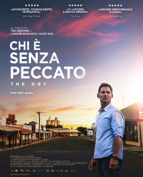 il poster di the dry chi è senza peccato mostra eric bana che si volta indietro mentre il sole tramonta sulla cittadina - nerdface