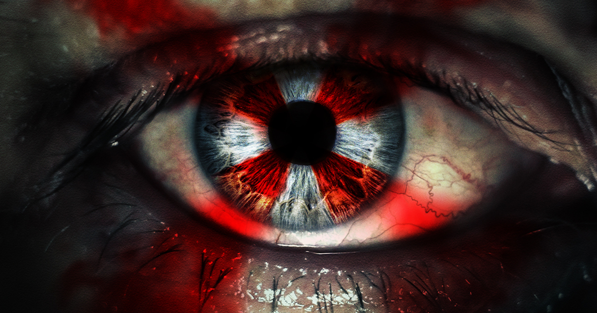 un occhio presenta un tatuaggio rosso simbollo di umbrella corporation - nerdface