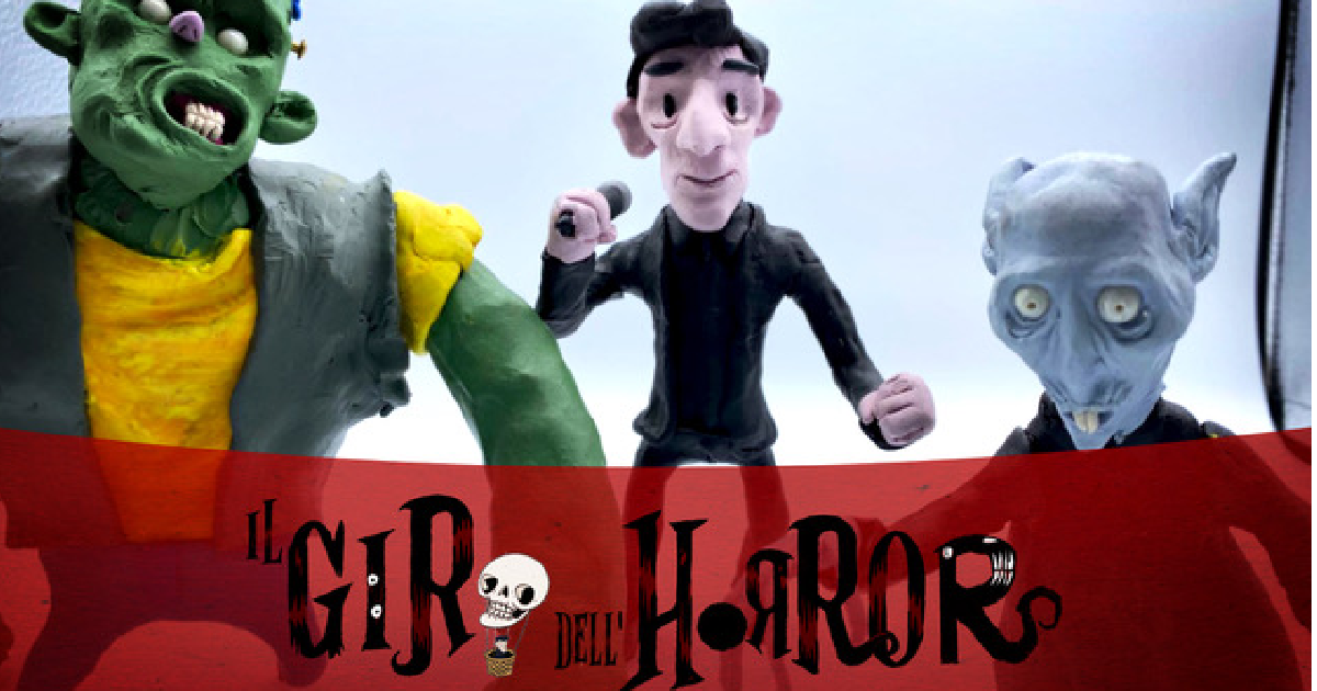 in sette note in meno pèer Il Giro dell'Horror tre puppets mostruosi su sfondo bianco.
