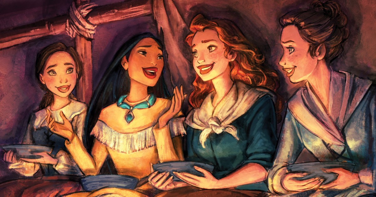 Pocahontas parla davanti a un fuoco con altre ragazze - nerdface